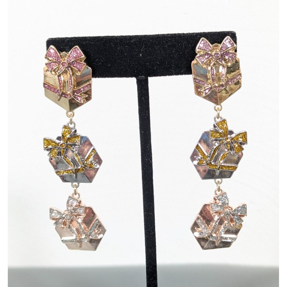 Sugarfix Christmas Earrings Tri Color Glitter Present Gift Long Dangle‎ Pierced